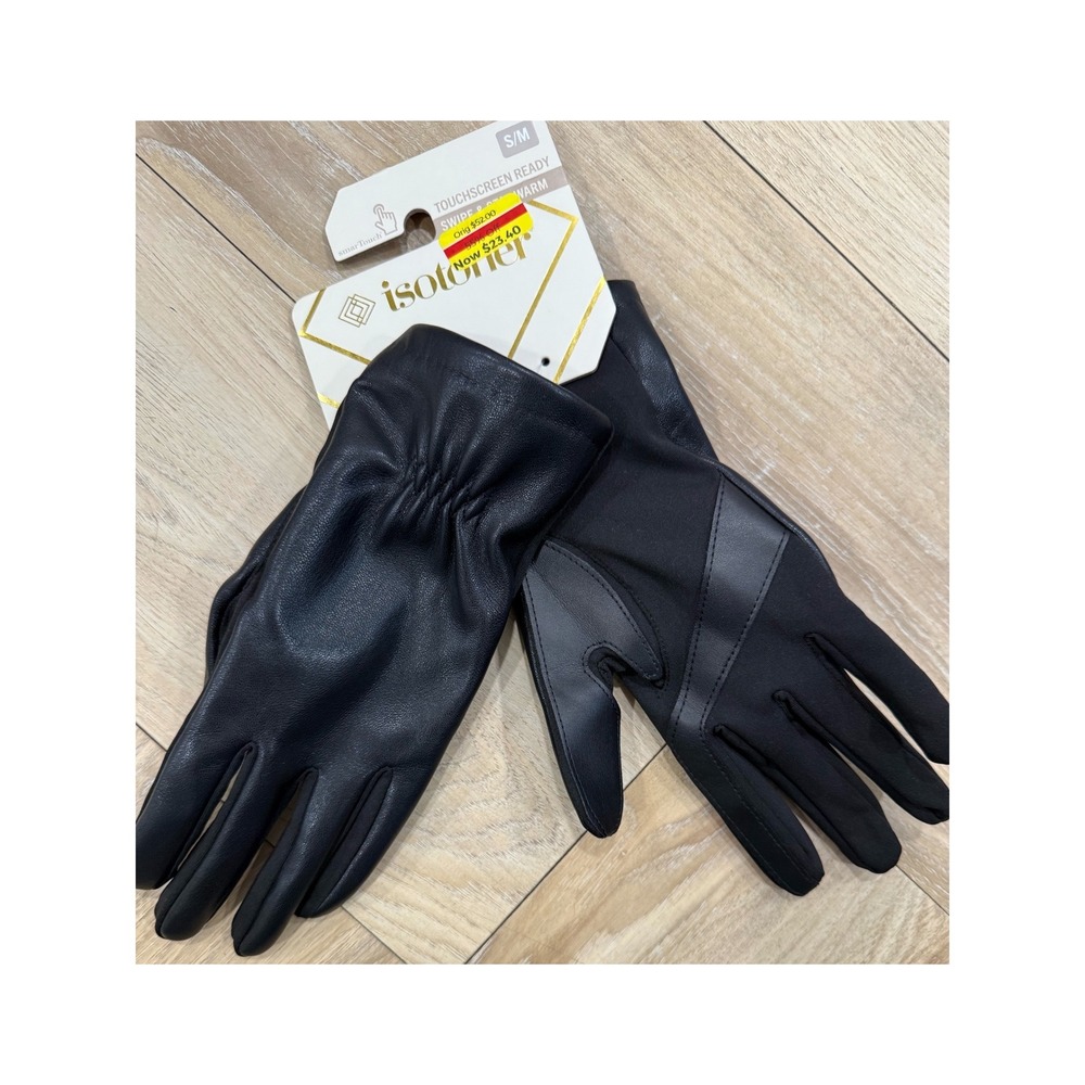 Isotoner Womens Black smartTouch Touchscreen Leather Spandex Gloves SM New - Picture 4 of 5